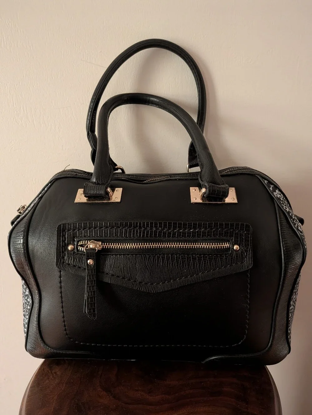 MMS Black Faux Leather Purse with White Print on the sides